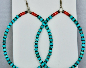 Native American Santo Domingo Turquoise Coral Sterling Silver Handmade Earrings - Irene Lovato d. 3" read details