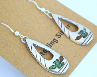Native American  Pawn Navajo Turquoise Coral Peyote Bird Sterling Silver Handmade Earrings  2 1/16"