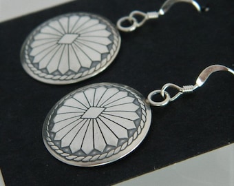 Native Southwestern Sterling Silver Hand Stamped Concho Earrings  1 1/2"