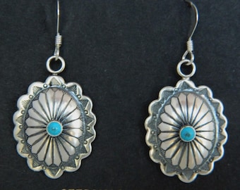 Native Southwestern Turquoise Sterling Silver Hand Stamped Concho Earrings  1 1/2"