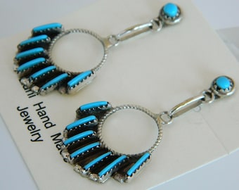 Native American Zuni Turquoise Petit Point Sterling Silver Post Earrings Signed Davis Kaamasee 2"