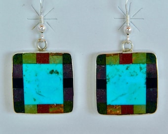 Native American Santo Domingo Turquoise Green Onyx Amethyst Apple Coral Mosaic Sterling Silver Handmade Earrings Signed David Aguilar 1 3/4"