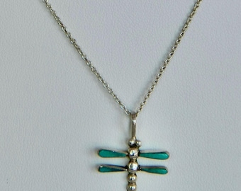 Native American Zuni reen Blue Turquoise Sterling Silver Handmade Dragonfly Vintage Pendant Necklace 18"