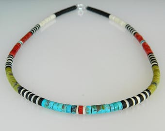 Collar hecho a mano de Dorene Calabaza de 19 1/4" con turquesa, azabache, ostra espinosa y serpentina verde, de nativos americanos de Santo Domingo.