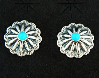 Native Southwestern Turquoise Sterling Silver Handmade Round Concho Post Earrings