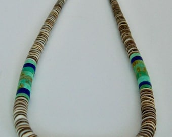 Native American Old Pawm Santo Domingo Turquoise Lapis Voluta Shell Heishi  Silver Handmade Necklace 20" UNISEX