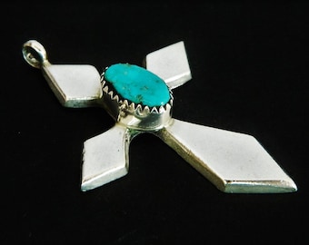 Native American Turquoise Sterling Silver Handmade Vintage Cross Pendant Signed B T 2" SALE