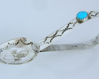 Amérindien Old Pion Navajo Turquoise naturel en argent sterling estampé à la main à la main bébé cuillère 3 1/4"