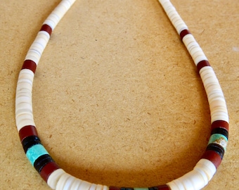 Native American Santo Domingo Old Pawn Natural Turquoise Pipestone Jet Shell Heishi Sterling Silver Necklace 17" Unisex