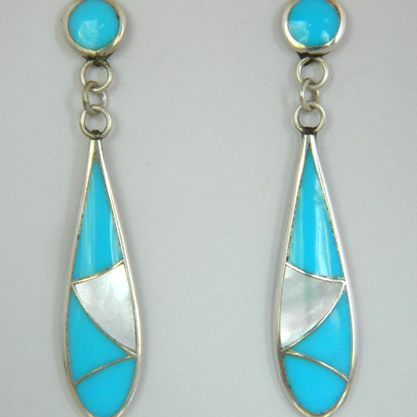 Native American Navajo Blue Turquoise Mother of Pearl Sterling Silver Handmade Earrings Signed Norman Lee 2 1/8" SALE