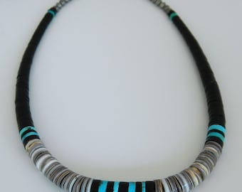 Native American Santo Domingo Graduated Blue Turquoise Jet Voluta Shell Heishi Sterling Silver Pawn Necklace 21" Unisex