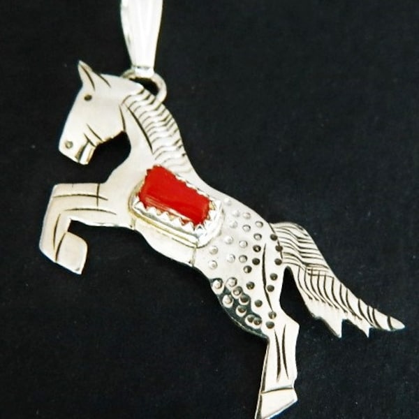 Native American Navajo Sterling Red Coral Rearing Appaloosa Horse Pendant Signed Louise Yazzie 2"