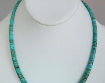 Native American Santo Domingo Graduated Blue Green Turquoise Heishi Sterling Silver Handmade Necklace 18 3/4"