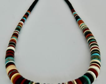 Native American Santo Domingo Graduated Turquoise Coral Pipestone Jet Heishi Handmade Necklace Pula Calabaza 20 3/4 - 24 5/8"