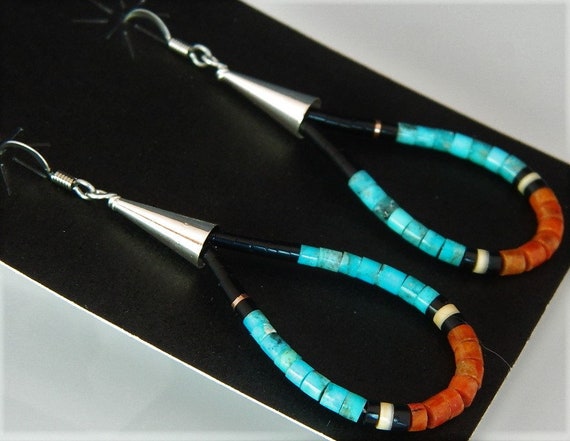 Native American Beautiful Santo Domingo Turquoise Coral Sterling Silver Earrings Native American Beautiful Santo Domingo Turquoise Coral Sterling Silver Earrings