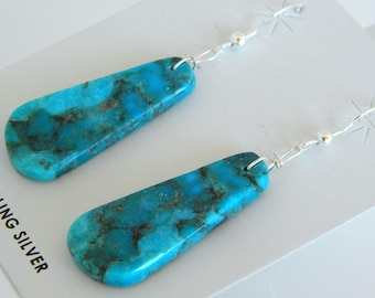 Native American Santo Domingo Turquoise Sterling Silver Handmade Earrings Robert Crespin 2 1/4"
