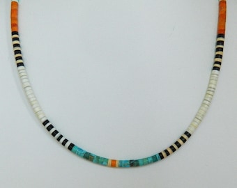 Native American Santo Domingo Turquoise Jet Orange Apple Coral Heishi Handmade Necklace Dorene Calabaza 19 1/2"