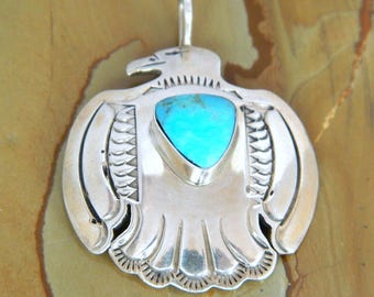 Native American Navajo Blue Turquoise Sterling Silver Thunderbird Pendant Signed Running Bear Shop Gallup, NM 1 5/8"