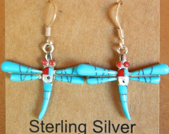 Native American Zuni Blue Turquoise Red Coral MOP Sunface Sterling Silver Dragonfly Handmade Earrings 1 1/2"