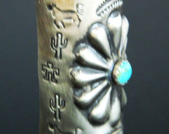 Native American Navajo Blue Turquoise Hand Stamped Sterling Concho Pony Tail Holder 1 1/2"