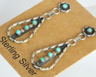 Native American Pawn Zuni Turquoise Snake Eye Sterling Silver Handmade Post Earrings 1 7/8"