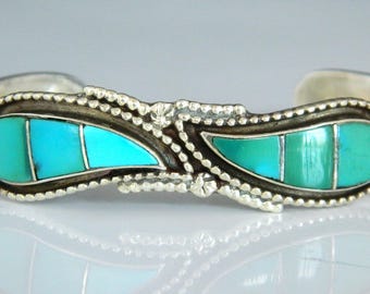 Native American Zuni Turquoise Inlay Sterling Silver Handmade Cuff Bracelet