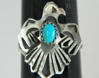 Anillo Thunderbird de plata esterlina turquesa navajo nativo americano, hecho a mano, firmado por Running Bear, Gallup, NM, talla 6