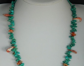 Collar de plata esterlina hecho a mano con turquesa azul y ostra espinosa roja de Santo Domingo, nativo americano, 21 1/2" (54 cm) en oferta