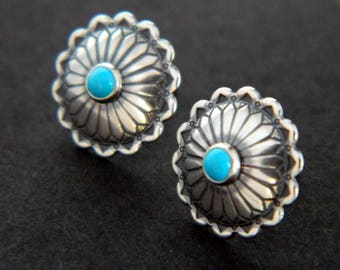 Native Southwestern Turquoise Sterling Silver Handmade Round Concho Post Earrings 1/2"