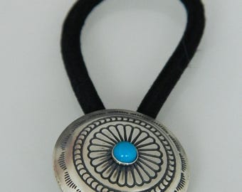 Native American Navajo Kingman Blue Turquoise Sterling Silver Concho Handmade Pony Tail Hair Tie 1 1/16"