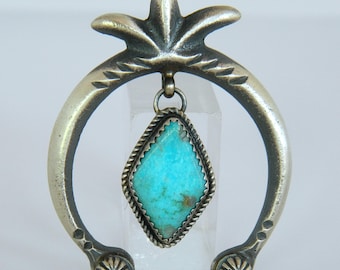 Native American Navajo Turquoise Sterling Silver Handmade Naja Pendant Signed Mary Cayatineto 2 1/4"