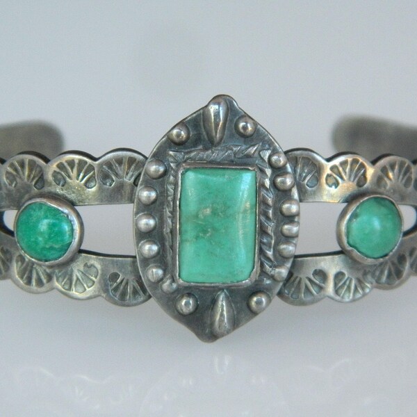 Native American Navajo Old Pawn Natural Turquoise Hand Stamped Sterling Silver Handmade Bracelet 61/8"