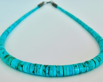 Native American Santo Domingo Graduated Blue Heishi Sterling Silver Navajo Pearls Handmade Necklace Unisex 19 1/8"
