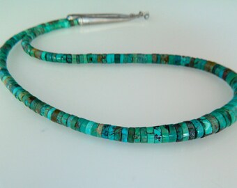 Native American Santo Domingo Graduated Blue Green Heishi Sterling Silver Handmade Necklace Unisex 21 1/4"