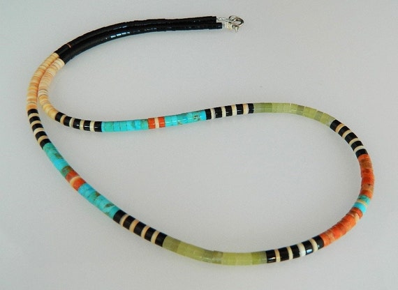 Native American Authentic Vintage Santo Domingo Turquoise Shell Jet Sterling Silver Necklace Native American Authentic Vintage Santo Domingo Turquoise Shell Jet Sterling Silver Necklace