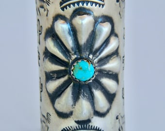 Native American Navajo Blue Turquoise Hand Stamped Sterling Concho Pony Tail Holder 1 1/2"