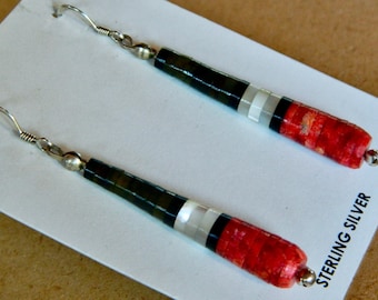 Native American Santo Domingo Apple Coral  Jet MOP Shell Heishi Sterling Silver Vintage Earrings 2 5/8"