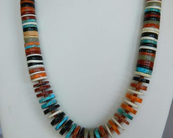 Native American Santo Domingo Graduated Turquoise Coral Pipestone Jet Heishi Handmade Necklace Pula Calabaza 21 1/2 - 25"