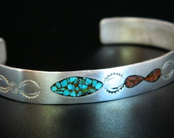 Dead Pawn Navajo Turquoise Apple Coral Inlay Sterling Silver Native American Cuff Bracelet Signed E Tsosie
