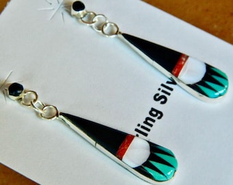 Native American Santo Domingo Turquoise Jet Coral MOP Inlay Sterling Silver Handmade Post Earrings 2"