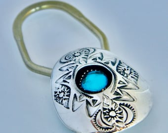 Native American Kingman Turquoise Shadow Box Hand Stamped Sterling Silver Handmade Key Ring Shirley Skeets 2 1/2"