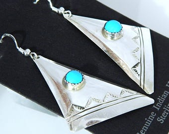 Pendientes de plata de ley turquesa Navajo de nativos americanos, hechos a mano, de 6,35 cm.