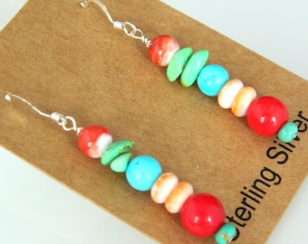 Pendientes nativos americanos de Santo Domingo, turquesa, lapislázuli y ostra espinosa de plata esterlina, hechos a mano, 2"