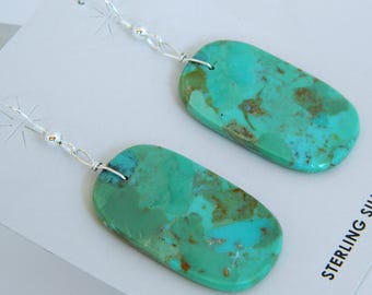 Native American Santo Domingo Kingman Turquoise Sterling Silver Handmade Teardrop Earrings Marcella Castillo d. 2 1/4"