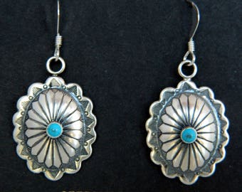 Native American Navajo Turquoise Sterling Silver Concho Earrings Signed F