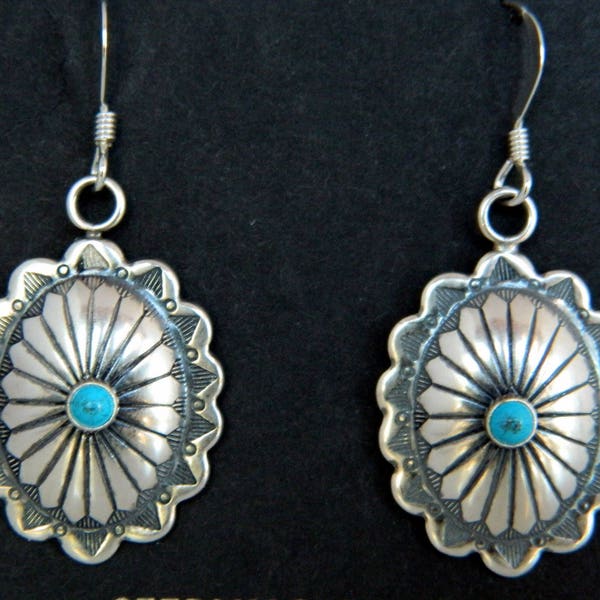 Native American Navajo Turquoise Sterling Silver Concho Earrings Signed F