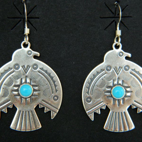 Native American Navajo Turquoise Sterling Silver Thunderbird Earrings 1 5/8"