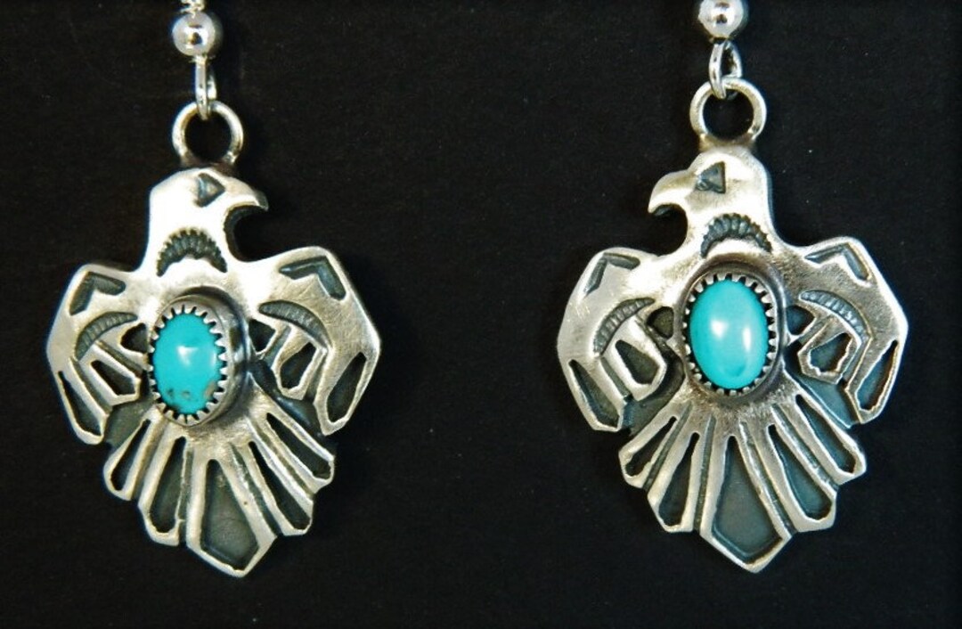 Native American Navajo Turquoise Sterling Silver Thunderbird Earrings