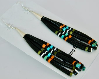 Native American Santo Domingo 2 Strand Jet  Turquoise Coral Heishi Sterling Silver Handmade Earrings Dorene Calabaza 3 3/4"