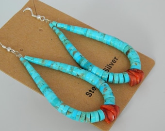Native American Santo Domingo Turquoise Red Spiny Oyster Sterling Silver Jacla Handmade Earrings Lupe Lovato 3 1/2"